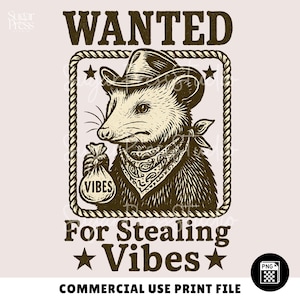 Recherché pour voler des vibrations, graphique de T-shirt drôle d'opossum, conception de style vintage occidental, sublimation POD DTG imprimable, fichier PNG transparent