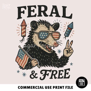 Graphique sauvage et gratuit du 4 juillet, graphique de t-shirt drôle d'opossum, conception de style vintage, impression par sublimation POD DTG, fichier PNG transparent