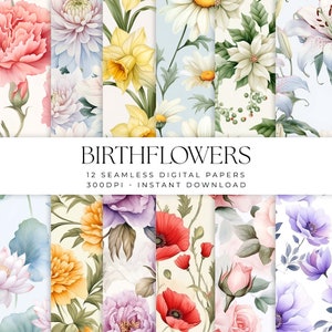 Motif papier numérique fleurs de naissance, aquarelle fleur du mois jonquille marguerite lys, lot de 12 papiers de scrapbooking sans couture à usage commercial
