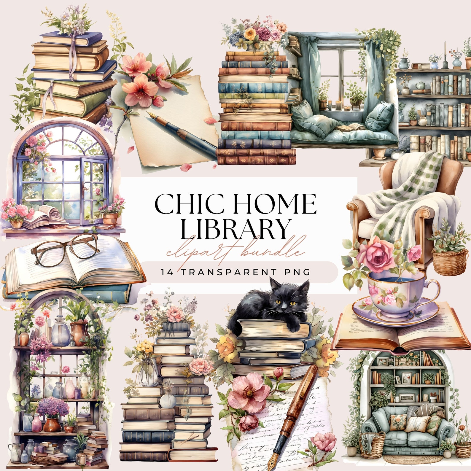 Cozy Chic Home Library Clipart Bundle - Watercolor Rustic Chic Dark ...
