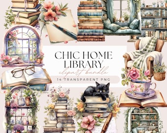 May include: A digital clipart bundle of 14 watercolor illustrations featuring a chic home library theme. The illustrations include books, a cat, a window, a cup of tea, a bookshelf, a chair, and flowers.  The illustrations are in a vintage style and are perfect for adding a touch of elegance to your designs.