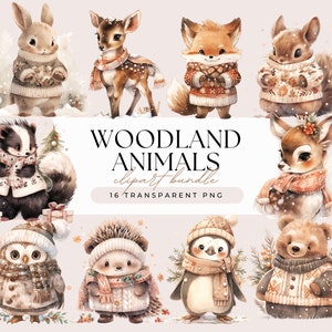 Pacchetto di clipart di animali del bosco in maglioni - Acquerello Natale Orso Coniglio Cervo Gufo Volpe Moffetta - Sfondo trasparente 16 grafiche PNG