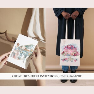 May include: Two tote bags with watercolor designs. One bag features a woman playing a blue piano with floral accents. The other bag features a pink cake with berries and flowers.  Create beautiful invitations, cards & more.