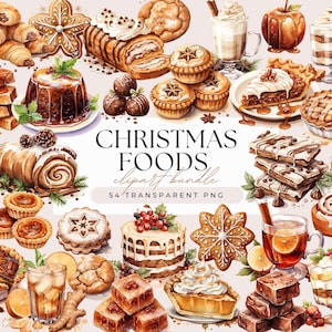 Pacote de clipart de alimentos de Natal - aquarela rústica Boho comida de Natal pastelaria bolo biscoito - fundo transparente 54 gráficos PNG