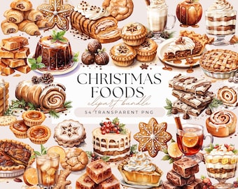 May include: Watercolor illustration of various Christmas foods, including pies, cakes, cookies, and drinks. The image features a variety of baked goods, such as gingerbread cookies, mince pies, and layered desserts. Text reads "Christmas Foods clipart bundle 54 transparent PNG."