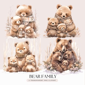 Bundle de cliparts famille ours - Portrait de famille ours des bois aquarelle - Portrait famille de 3 et 4 personnes - fond Transparent 4 graphiques PNG