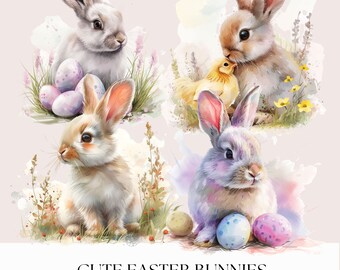 Cute Easter Bunnies Clipart Bundle - Beige Pastel Watercolor Easter Bunnies with Easter Eggs - Crafts Card Making Transparent 4 PNG Graphics