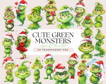 Cute Green Monster Clipart Bundle - Watercolor Christmas Festive Green Fluffy Movie Monsters - Transparent Background 20 PNG Graphics