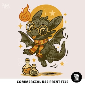 May include: A whimsical illustration of a cartoon dragon wearing glasses and a scarf, with a flame, stars, and potion bottles. The dragon is black with yellow and orange accents. Text at the bottom reads "COMMERCIAL USE PRINT FILE."