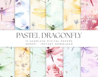 Pastel Dragonfly Digital Paper Pattern, Watercolor Colorful Dragonfly Insect Flowers, 12 Commercial Use Seamless Scrapbook Paper Bundle