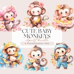 Schattige baby aapjes clipart-aquarel kawaii baby aap jongen meisje baby shower kwekerij geslacht onthullen-transparante achtergrond 6 png-afbeeldingen