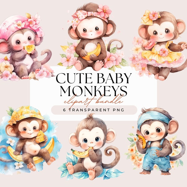 Cute Baby Monkeys Clipart - Watercolor Kawaii Baby Monkey Boy Girl Baby Shower Nursery Gender Reveal - Transparent Background 6 PNG Graphics