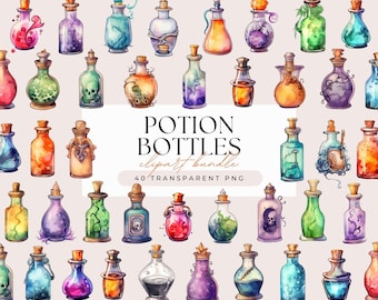 Spooky Potion Bottles - Watercolor Halloween Magic Witch Potions Clipart Bundle - Transparent Background PNG Graphics