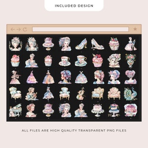 May include: A set of 40 watercolor illustrations featuring a variety of whimsical designs, including cupcakes, teacups, chairs, a piano, a peacock, and women in vintage dresses. The illustrations are all on a black background and are perfect for adding a touch of elegance to any project.