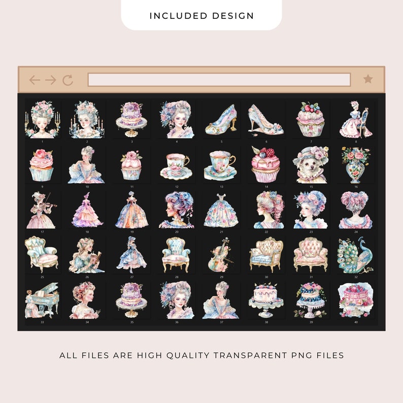 May include: A set of 40 watercolor illustrations featuring a variety of whimsical designs, including cupcakes, teacups, chairs, a piano, a peacock, and women in vintage dresses. The illustrations are all on a black background and are perfect for adding a touch of elegance to any project.