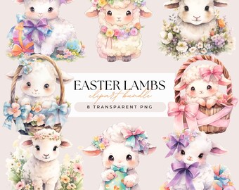 Cute Easter Lamb Clipart Bundle - Pastel Watercolor Easter Lamb Sheep Baby Nursery Sublimation Craft - Transparent Background 8 PNG Graphics