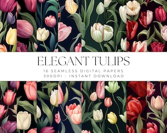 Elegant Tulip Flowers Digital Paper Pattern, Watercolor Colorful Classic Tulips Flowers, 16 Commercial Use Seamless Scrapbook Paper Bundle