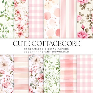 Joli motif de papier numérique Cottagecore, aquarelle fleur Vichy rose à pois Rose, lot de 12 papiers de scrapbooking sans couture à usage commercial