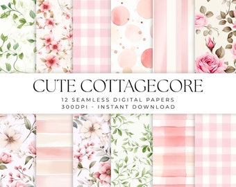 Cute Cottagecore Digital Paper Pattern, Watercolor Pink Gingham Flower Polka Dot Rose, 12 Commercial Use Seamless Scrapbook Paper Bundle