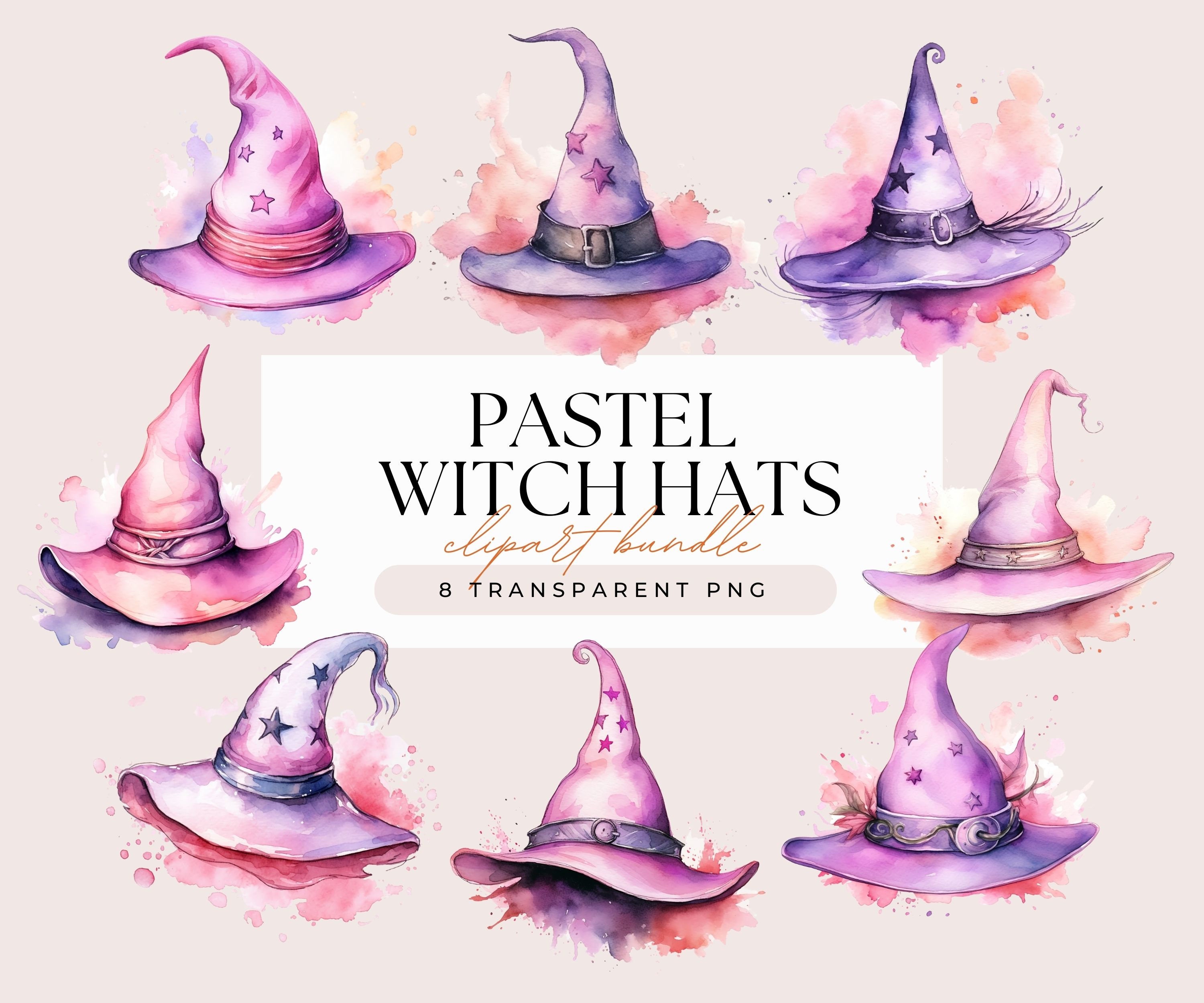 パステルピンクと紫の魔女の帽子 - 水彩ハロウィーンかわいい不気味な魔女の帽子のクリップアートバンドル - 透明な背景のPNGグラフィックス -  Etsy 日本, image size:3000x2500