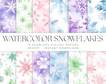 Colorful Pastel Watercolor Snowflake Digital Paper Pattern, Watercolor Winter Snowflakes, 12 Commercial Use Seamless Scrapbook Paper Bundle