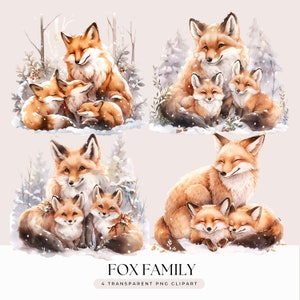 Bundle de cliparts famille renard - Portrait de famille renard animal des bois aquarelle - Portrait famille de 3 - fond Transparent 4 graphiques PNG