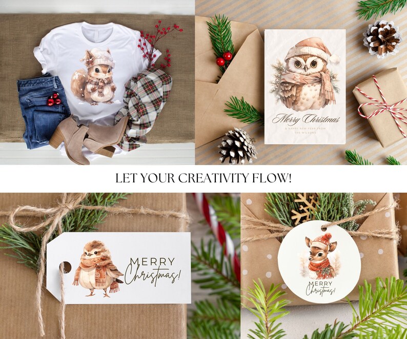 Woodland Animals in Jumpers Clipart Bundle Watercolor Christmas Bear Rabbit Deer Owl Fox Skunk