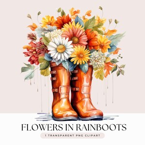 Peut inclure: Un bouquet de fleurs d'automne orange, jaune et blanc, disposé dans une paire de bottes de pluie orange. Les fleurs sont peintes à l'aquarelle et les bottes sont une illustration réaliste.