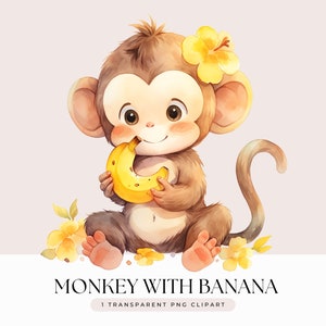 Puede incluir: Un mono de dibujos animados lindo con pelaje marrón y una flor amarilla en el pelo está sosteniendo un plátano amarillo. El mono está sentado sobre un fondo blanco con hojas verdes y flores amarillas.
