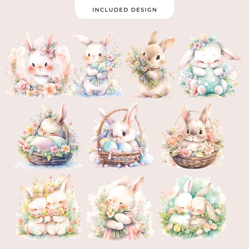 Cute Pastel Easter Bunnies Clipart Bundle Watercolor Kawaii Niji Easter Bunnies Card Making Sublimation Transparent 10 PNG Graphics image 2