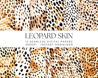 Leopard Skin Digital Paper Pattern, Watercolor Leopard Print Skin Coat Pattern, 12 Commercial Use Seamless Scrapbook Paper Bundle