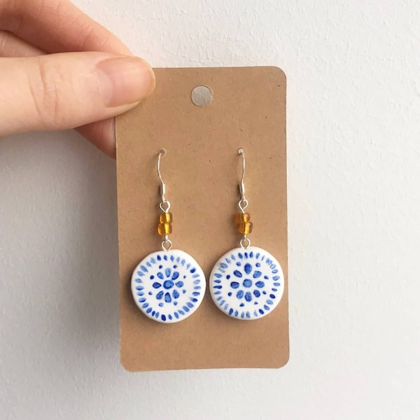 Boucles d'oreilles inspirées des carreaux de porcelaine bleus et blancs / Boucles d'oreilles inspirées des carreaux portugais / grecs / Boucles d'oreilles d'été