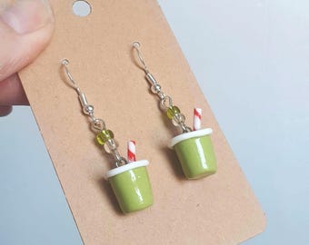 Iced Matcha Latte Earrings - Handsculpted Polymer Clay Gift - Miniature Tea Earrings