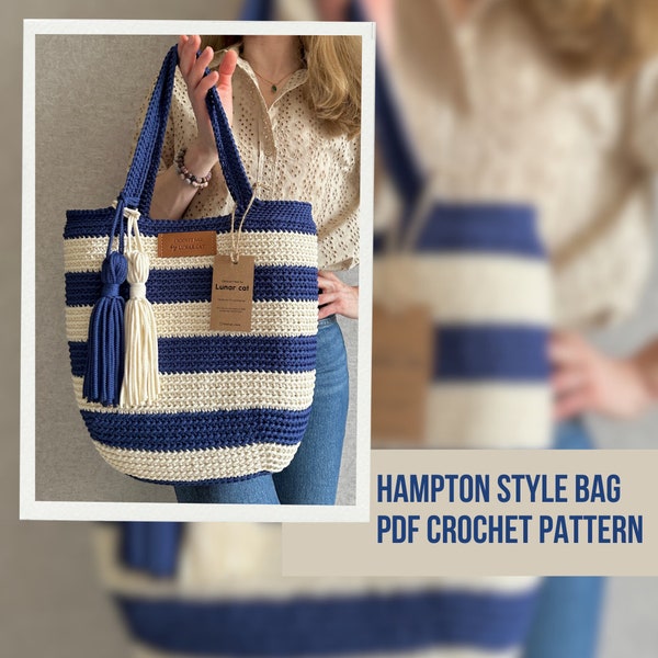 Crochet Bag Pattern, Hampton Style Bag, Crochet Tote Bag, Reusable Market Bag Crochet Pattern