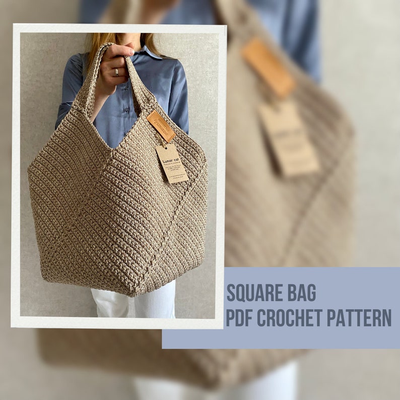 May include: A beige crocheted square bag with a leather handle. The bag is being held by a person wearing a blue shirt and white pants. The text "SQUARE BAG PDF CROCHET PATTERN" is visible at the bottom of the image.
