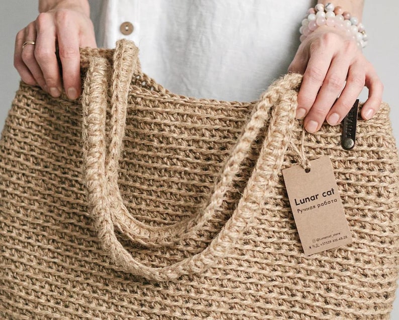 Bolso de mano de yute tejido a crochet: Bolso de playa XL-XXL, hecho a mano. imagen 11