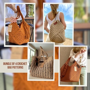 May include: A collection of four crochet bags featuring various designs, including two solid burnt orange bags with tassels, a beige backpack with a textured pattern, and a rectangular tote with an open-work stitch, labeled Bundle of 4 Crochet Bag Patterns.