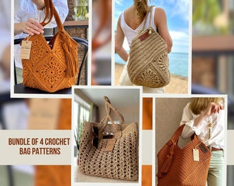 May include: A collection of four crochet bags featuring various designs, including two solid burnt orange bags with tassels, a beige backpack with a textured pattern, and a rectangular tote with an open-work stitch, labelled Bundle of 4 Crochet Bag Patterns.