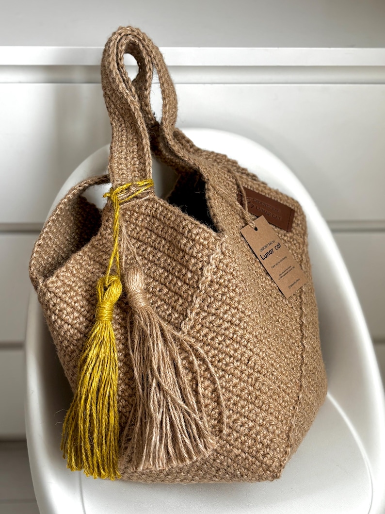 Handmade Crochet Jute Tote Bag, Square Design image 7