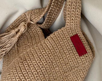 Handmade Crochet Jute Tote Bag, Square Design