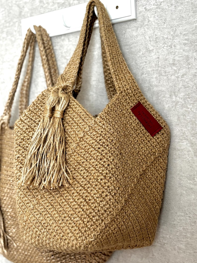 Handmade Crochet Jute Tote Bag, Square Design image 10