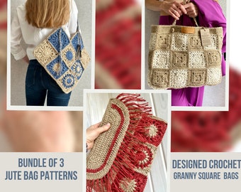 Bundle of Jute Crochet Granny Square Bag Patterns, Granny Square Jute Bag, Aesthetic Bag