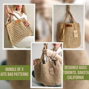 Pacchetto di modelli di borse tote in iuta all'uncinetto, borsa all'uncinetto in corda di iuta naturale, borsa estetica
