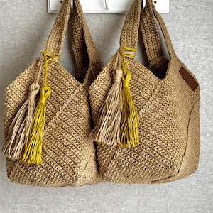 Handmade Crochet Jute Tote Bag, Square Design style 2