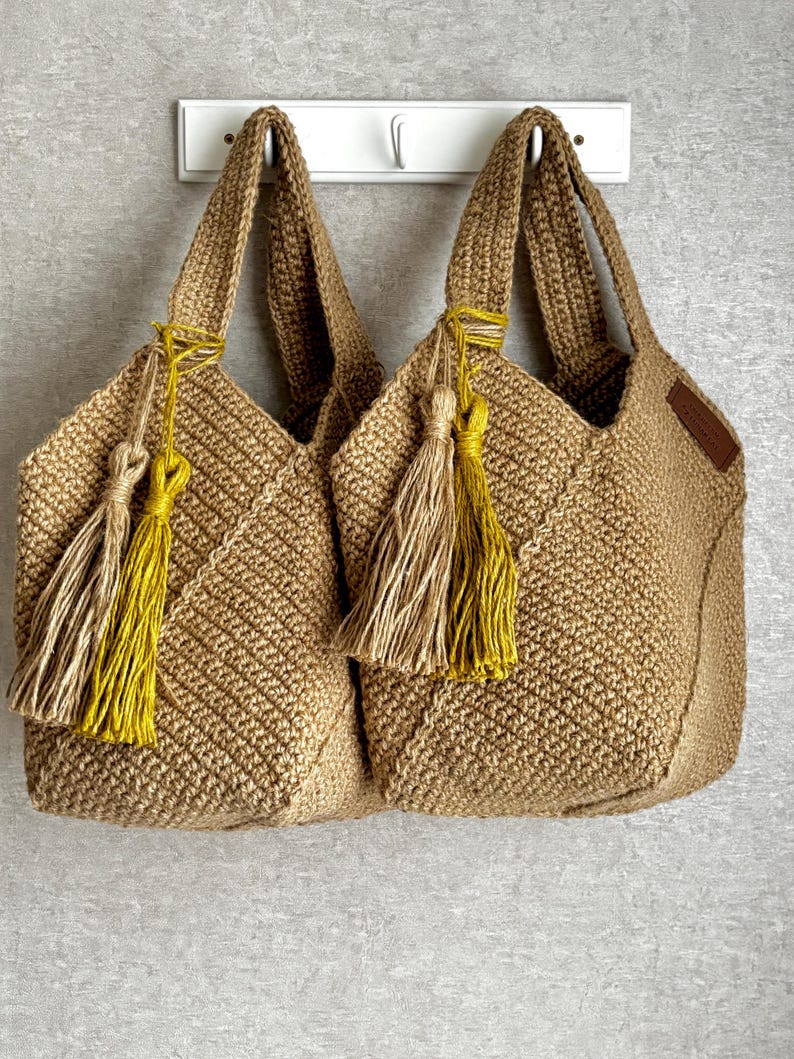 Handmade Crochet Jute Tote Bag, Square Design style 2