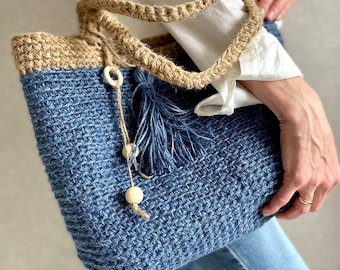 Crochet Jute Shoulder Bag: Handmade NY Style Beach Tote, Granny Square Purse