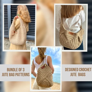 Può includere: Un set di tre modelli di borse in juta all'uncinetto. Le borse sono beige e presentano un design quadrato. Il testo "Bundle of 3 Jute Bag Patterns" e "Designed Crochet Jute Bags" è visibile nell'immagine.
