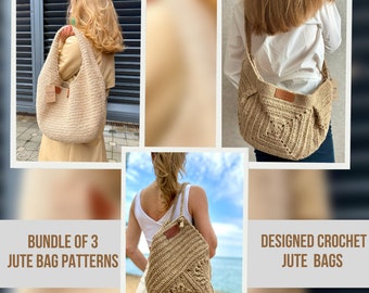 Jute Crochet Bag Pattern Bundle: 3 Designs (PDF Pattern), Eco-Friendly Handmade Purse DIY