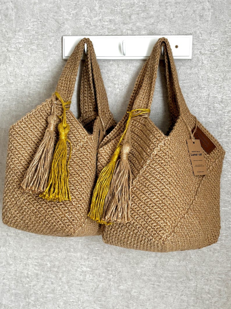 Handmade Crochet Jute Tote Bag, Square Design image 9