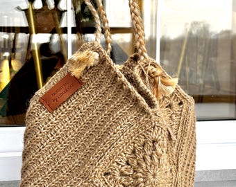 Crochet Jute Bag, Jute Beach Purse, Granny Square Shoulder Bag